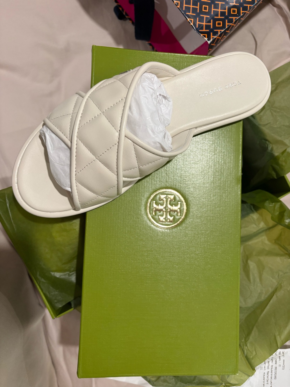 BNIB Tory Burch Willa Criss Cross Cream Quilted Slide Sandals Size 7.5